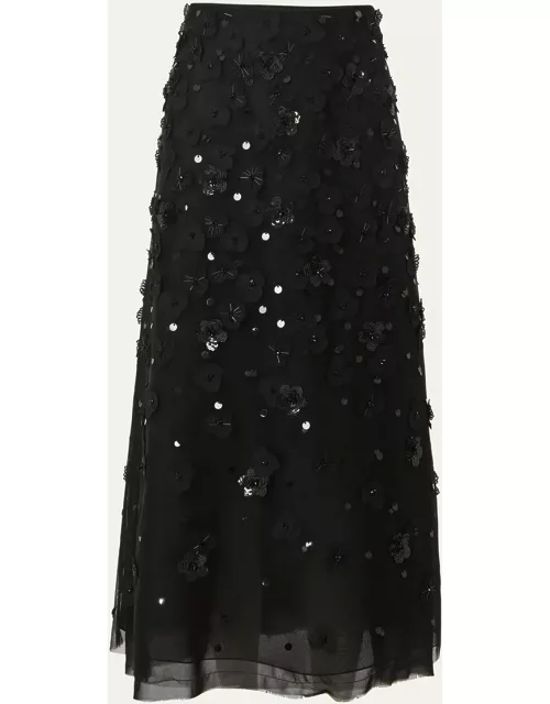 Embellished Midi Skirt with Floral Applique Detail