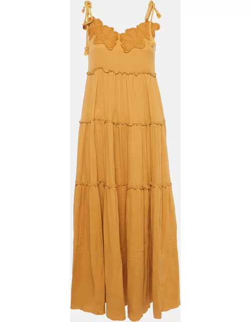See by Chloe Yellow Floral Applique Cotton Tiered Maxi Dress