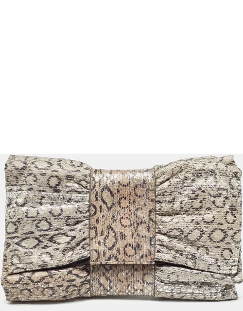 Furla Grey/Silver Snakeskin Embossed Leather Bow Clutch