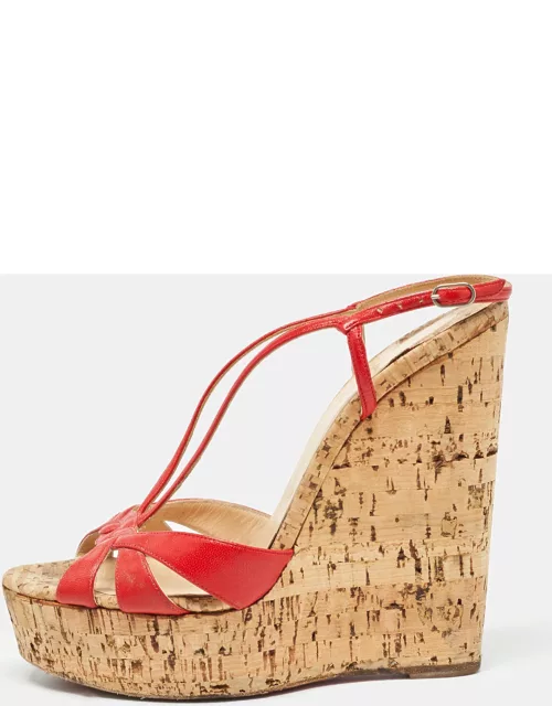Christian Louboutin Red Leather Strappy Cork Wedge Sandal