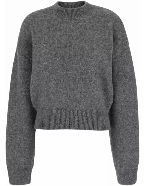 Jacquemus Grey Cropped Sweater With Jacquard Logo At The Back In Wool Blend Woman