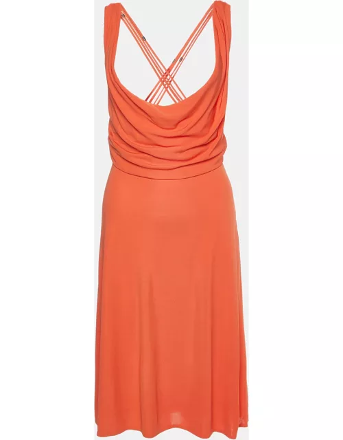 Versace Orange Crepe Lace Up Detail Midi Dress