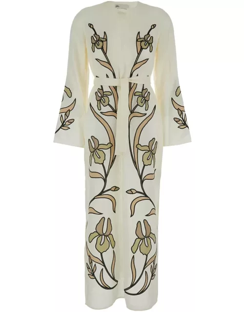 Tory Burch Long White Dress With Floreal Applications In Linen Woman