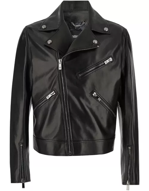Versace Black Biker Jacket With Zipped Pockets In Smooth Leather Man