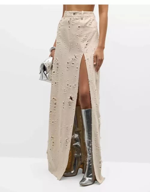 Distressed Denim Side-Slit Maxi Skirt