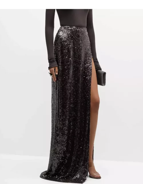 High-Waist Sequined Thigh-Slit Maxi Skirt