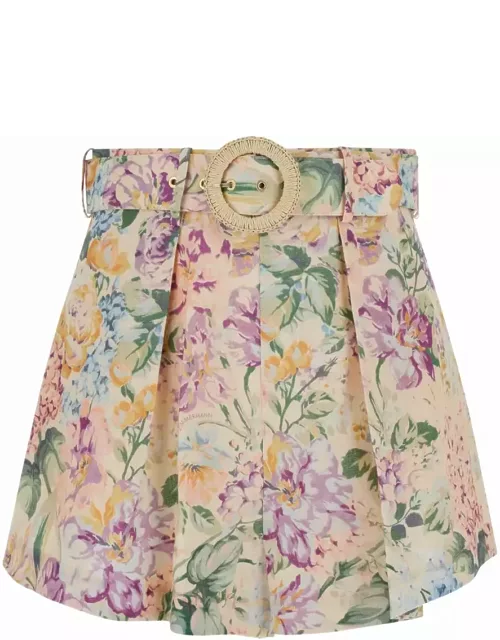 Zimmermann Multicolor Belted Shorts With All-over Floreal Print In Linen Woman
