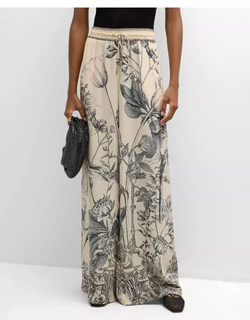 Floral Silk Straight Wide-Leg Pant