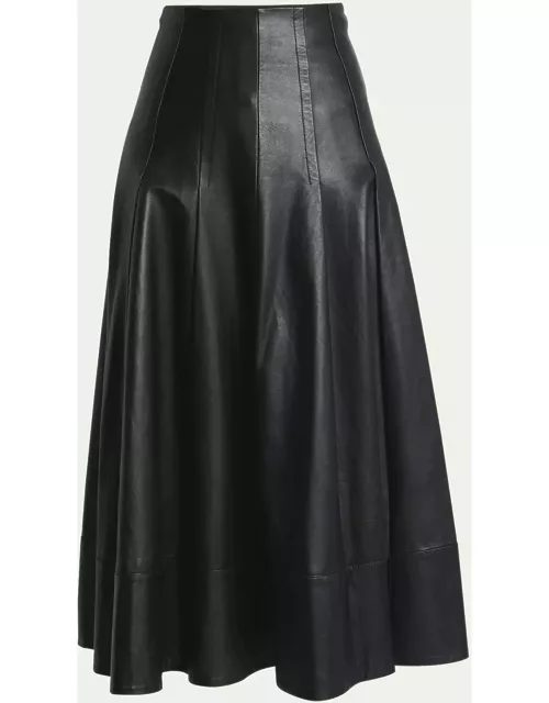 Moore Fit-Flare Glossy Leather Midi Skirt