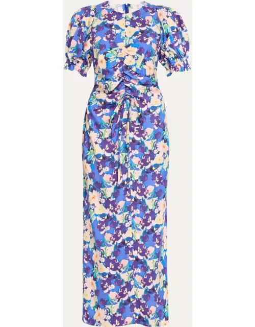 Erin Abstract Floral Print Drawstring Ruched Midi Dres