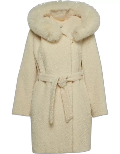 Max Mara Studio Cream Fur Trim Wool Blend Belted Coat