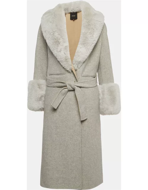 Maje Grey Wool Blend Fur Detailed Long Coat