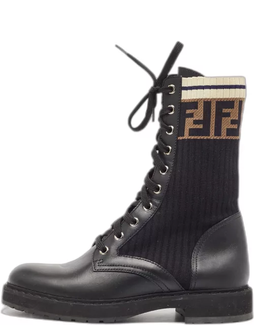 Fendi Black Leather and Zucca Stretch Fabric Rockoko Combat Boot