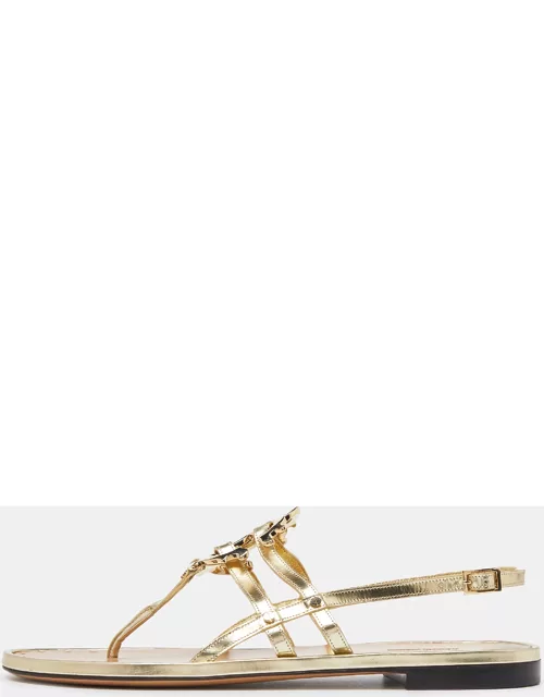 Roberto Cavalli Gold Laminated Leather Thong Ankle Strap Flat Sandal