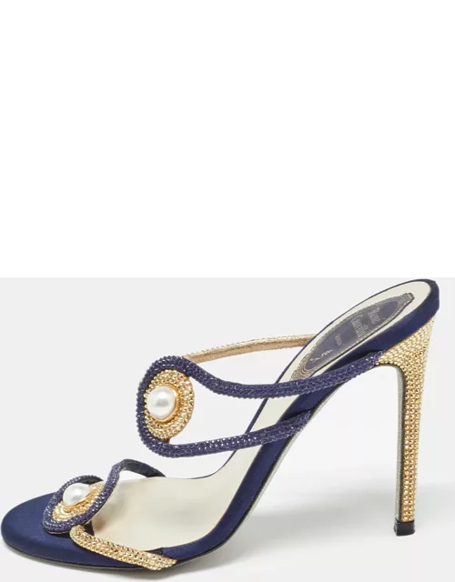 René Caovilla Blue/Gold Satin Crystals Embellished Slide Sandal