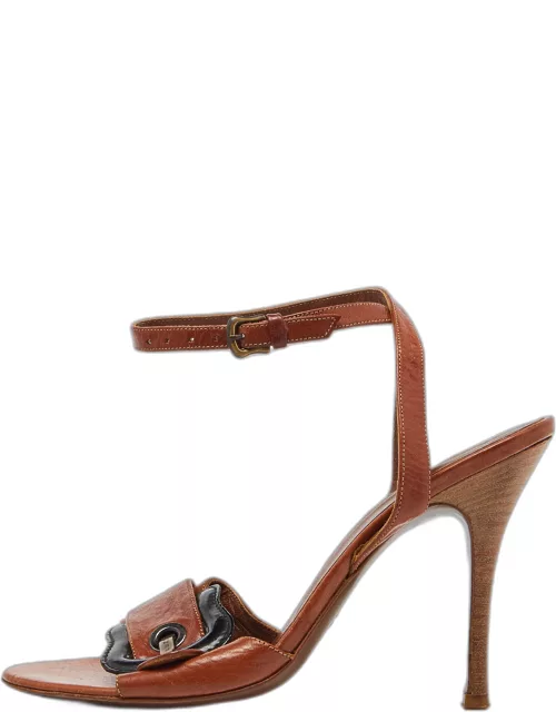 Fendi Brown Leather Buckle Detail Ankle Strap Sandal