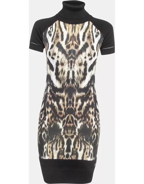 Roberto Cavalli Black Animal Print Knit Turtleneck Sweater Dress