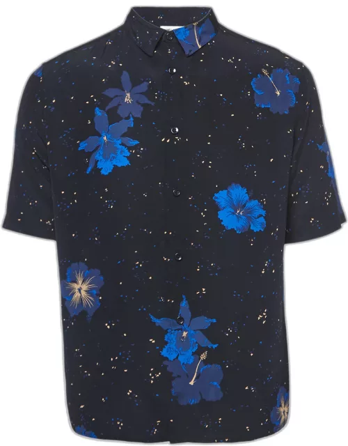 Saint Laurent Paris Noir Blue Confetti Hibiscus Silk Shirt