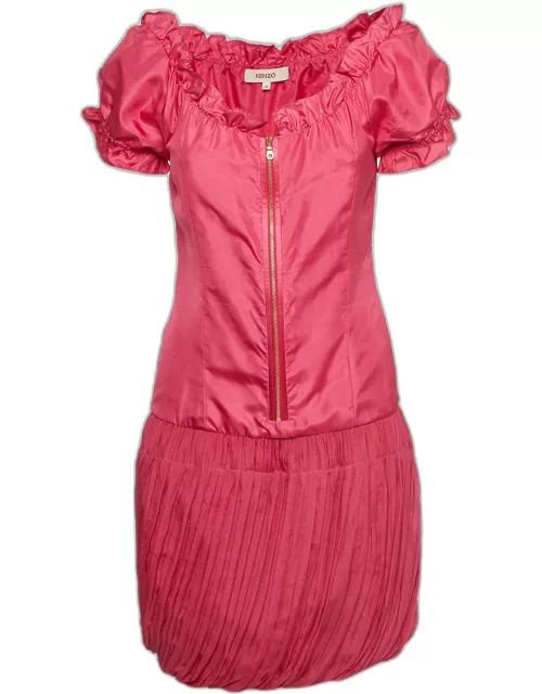 Kenzo Pink Silk Ruffled Zip Front Short Dress