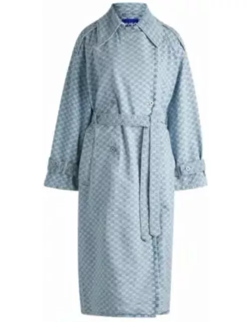 Denim trench coat with checkerboard jacquard- Light Blue Women's Casual Coat