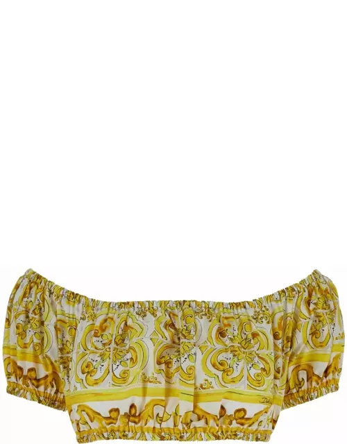 Dolce & Gabbana Yellow And White Crop Top With Majolica Print In Cotton Woman