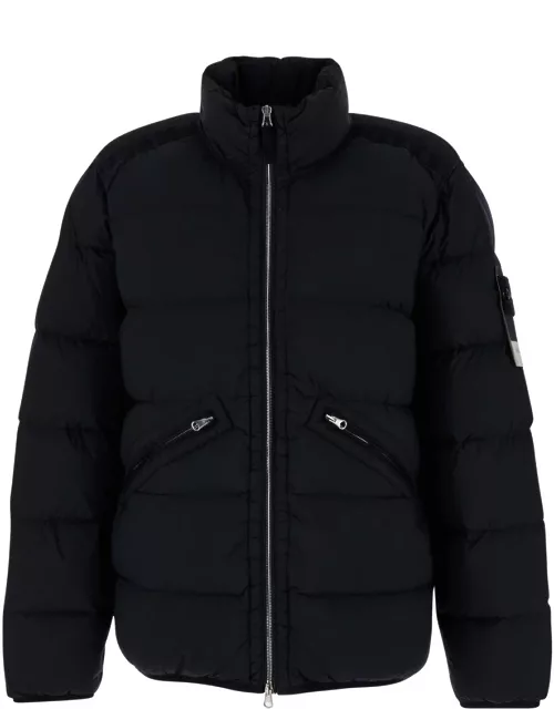 Stone Island Blue High Neck Down Jacket With Zip And Logo Patch In Polyamide Man