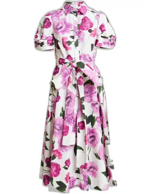 Belted Floral Cotton Short-Sleeve Midi Shirtdres