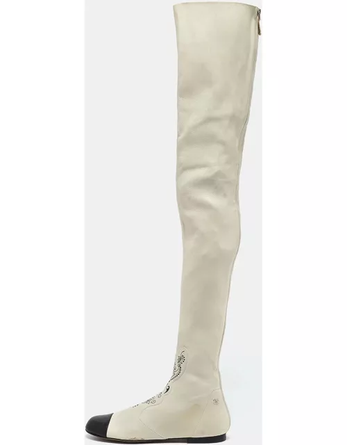 Chanel Cream/Black Leather Over The Knee Length Boot