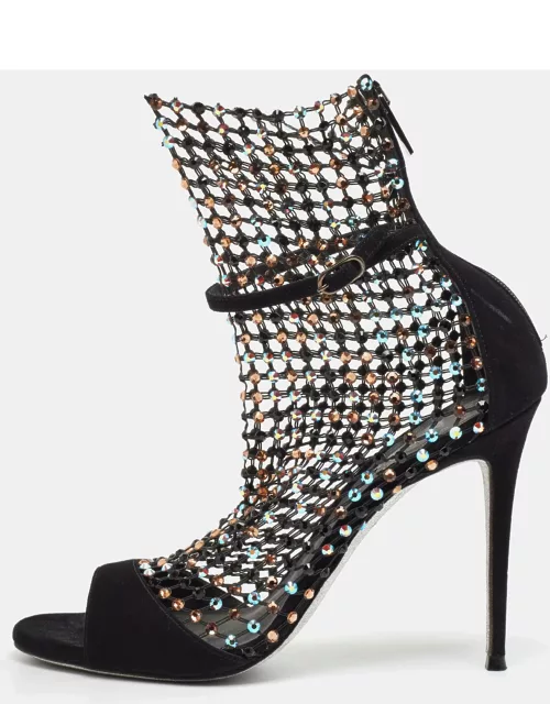 Rene Caovilla Black Suede and Mesh Crystal Embellished Galaxia Sandal