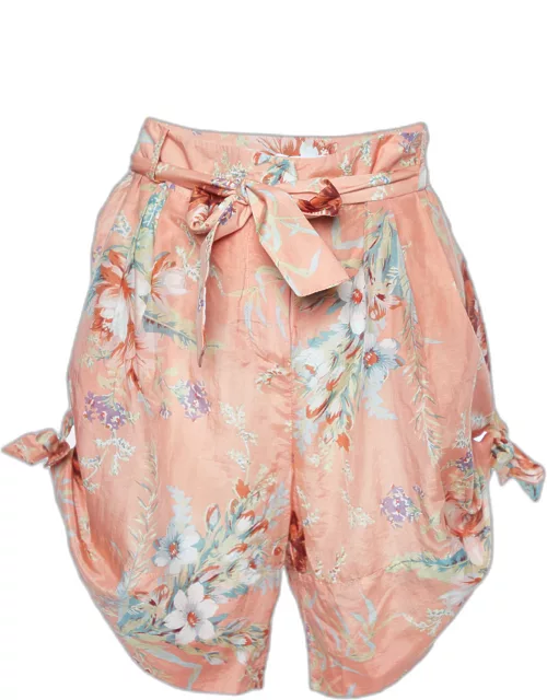 Zimmermann Orange Anais Antique Floral Print Silk Blend Belted Shorts