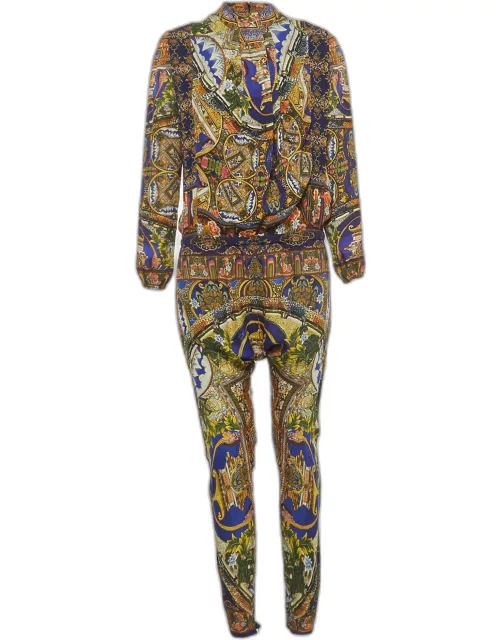 Just Cavalli Multicolor Printed Silk Pleated Long Sleeve Jumpsuit