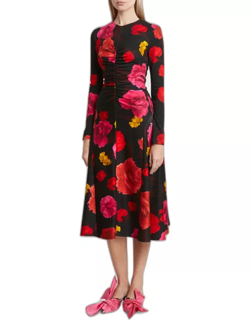 Ruched Floral Long-Sleeve Midi Dres