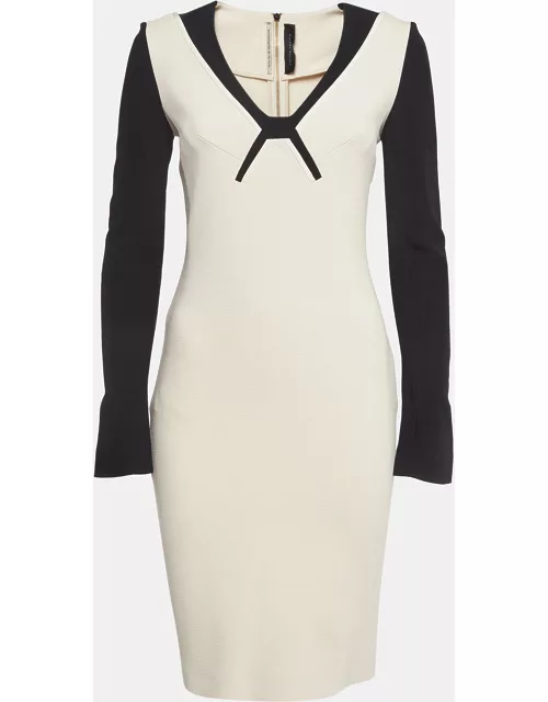 Roland Mouret Cream/Black Wool Blend Long Sleeve Mini Dress