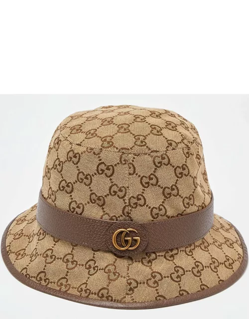 Gucci Brown GG Monogram Leather Trim Canvas Bucket Hat