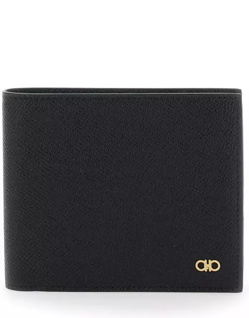 Ferragamo micro Gancini Black Bi Fold Wallet With Logo In Hammered Leather Man