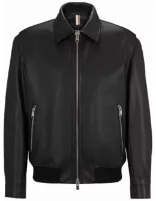 Regular-fit jacket in soft leather with stand collar- Black Men's Leather Jacket