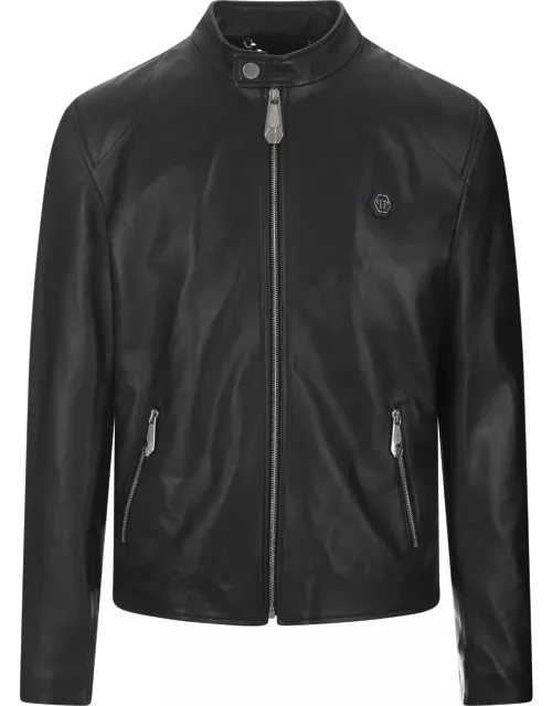 Philipp Plein Black Basic Leather Moto Jacket