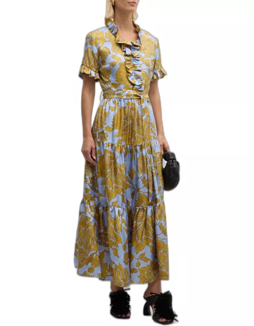 Floral-Print Short-Sleeve Belted Tiered Maxi Dres