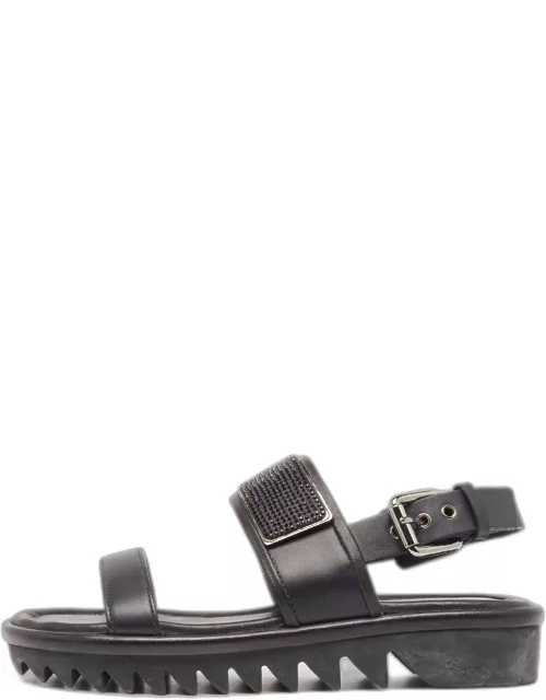 Giuseppe Zanotti Black Leather Crystal Embellished Slingback Sandal