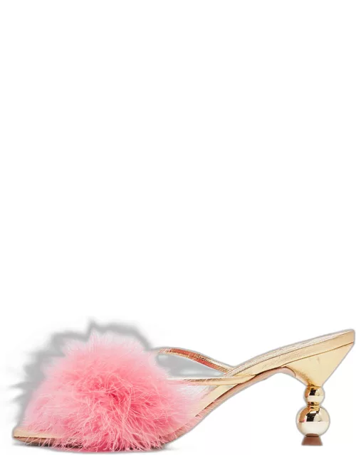 Sophia Webster Pink/Gold Leather and Fur Slide Sandal