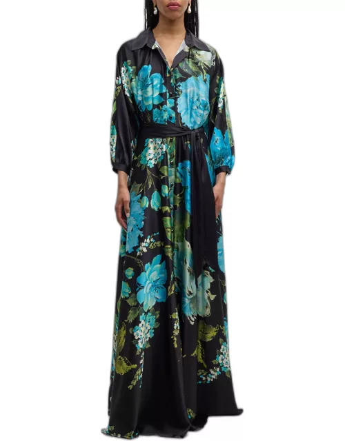 3/4-Sleeve Floral-Print Twill Shirt Gown