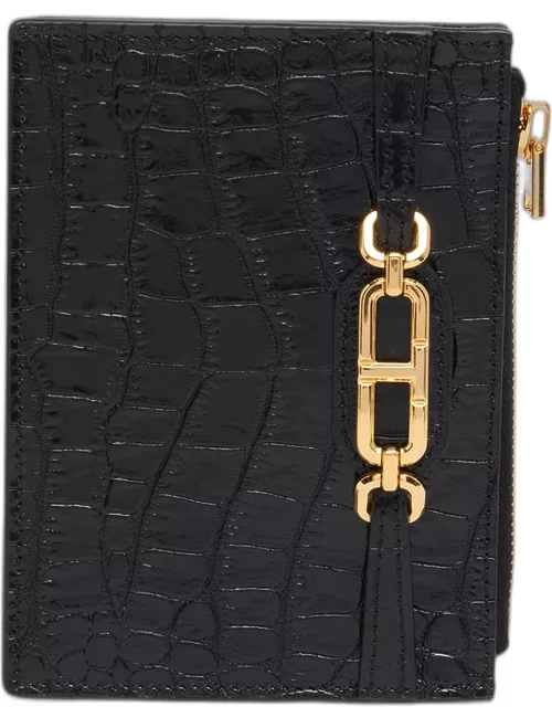Whitney Zip Card Holder in Shiny Croc-Embossed Leather