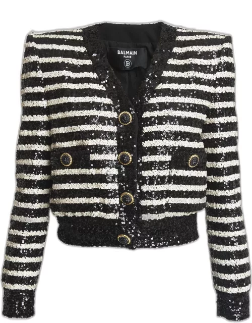 Striped Sequined Crop Jacket with Button Detail
