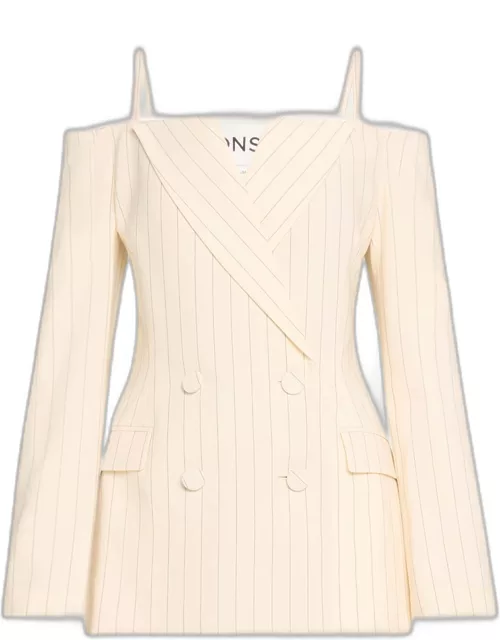 Pinstripe Cold-Shoulder Double Breasted Wool Blazer