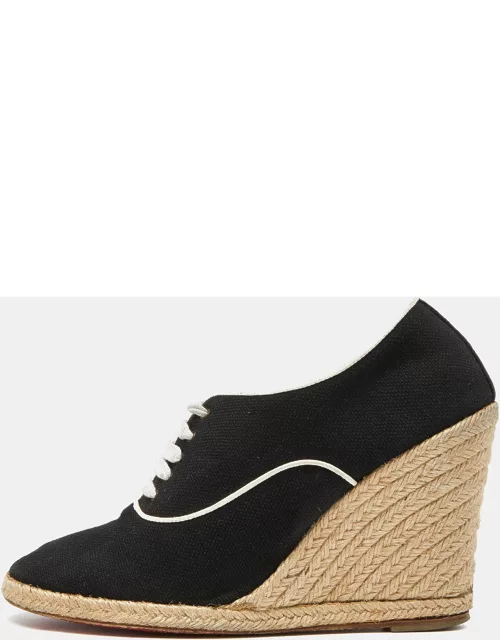 Christian Louboutin Black Canvas Lace Up Espadrille Wedge Sneaker