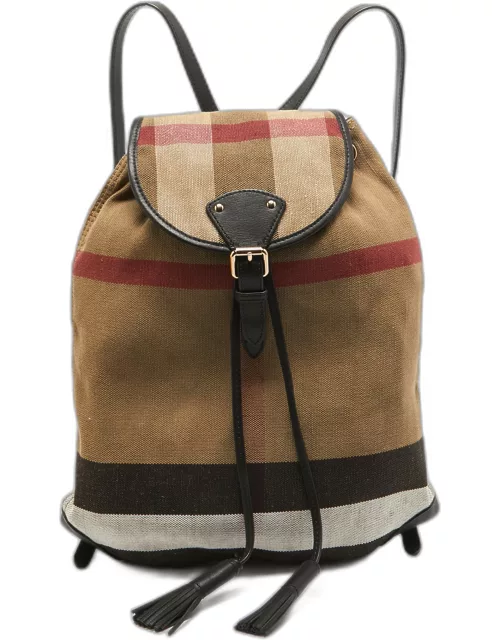 Burberry Black/Beige Mega Check Canvas and Leather Drawstring Flap Backpack