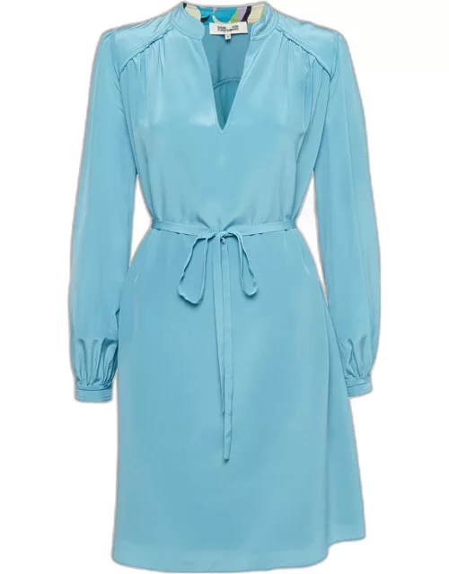 Diane Von Furstenberg Blue Silk Belted Mini Shift Dress