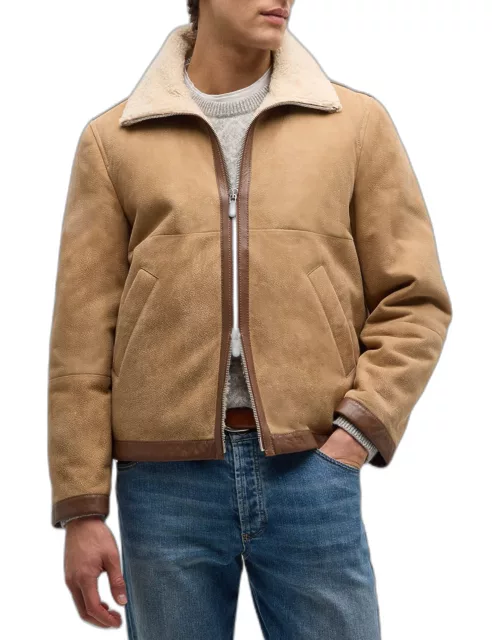 Men's Lamb Shearling Lined Suede Jacket with Leather Taping