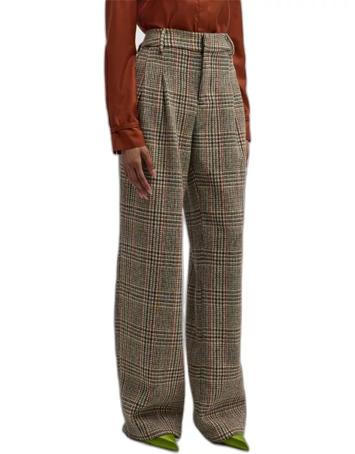 Houndstooth Check Pleated Straight-Leg Pant