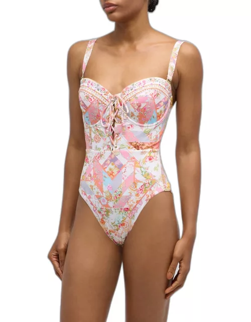 Sew Yesterday Lace Up Balconette One-Piece Swimsuit